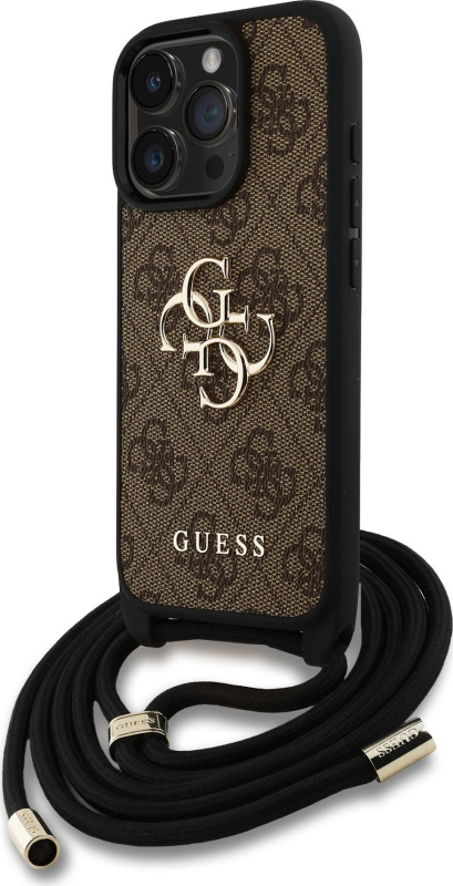 Guess PU 4G Metal Logo Crossbody popruh kryt iPhone 15 Pro Max hnědý