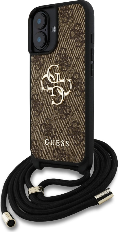 Guess PU 4G Metal Logo Crossbody popruh kryt iPhone 16 hnědý