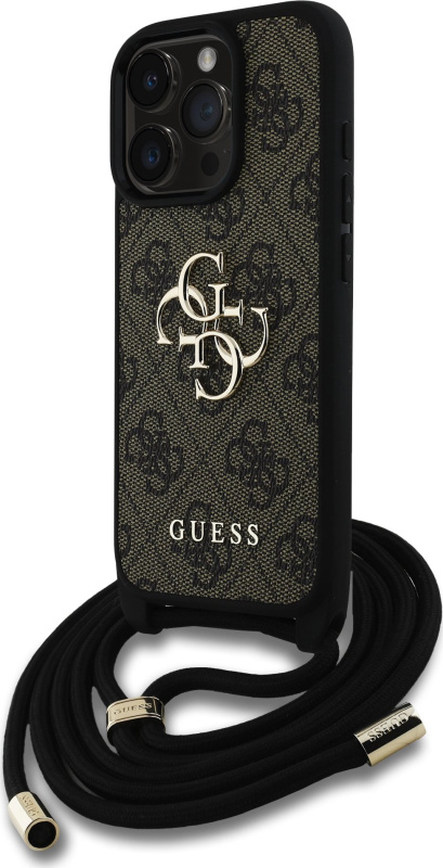 Guess PU 4G Metal Logo Crossbody popruh kryt iPhone 16 Pro Max hnědý