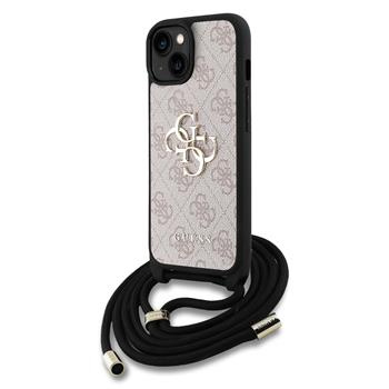 Guess PU 4G Metal Logo Crossbody popruh kryt iPhone 15 růžový
