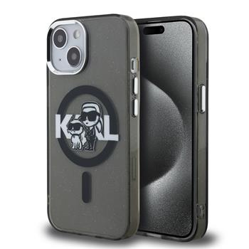 Karl Lagerfeld IML Glitter Karl and Choupette Sketch MagSafe kryt iPhone 15 černý