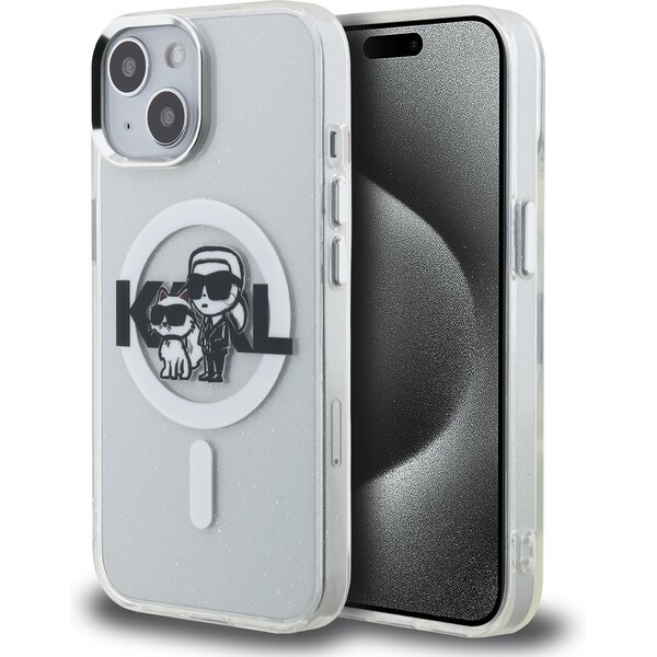 Karl Lagerfeld IML Glitter Karl and Choupette Sketch MagSafe kryt iPhone 15 čirý