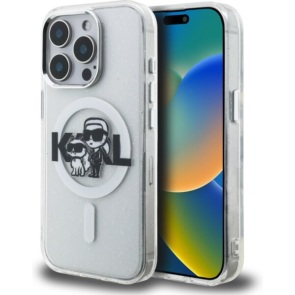 Karl Lagerfeld IML Glitter Karl and Choupette Sketch MagSafe kryt iPhone 15 Pro čirý
