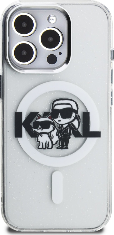 Karl Lagerfeld IML Glitter Karl and Choupette Sketch MagSafe kryt iPhone 15 Pro Max čirý