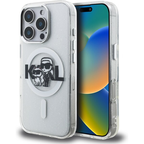 Karl Lagerfeld IML Glitter Karl and Choupette Sketch MagSafe kryt iPhone 16 Pro čirý