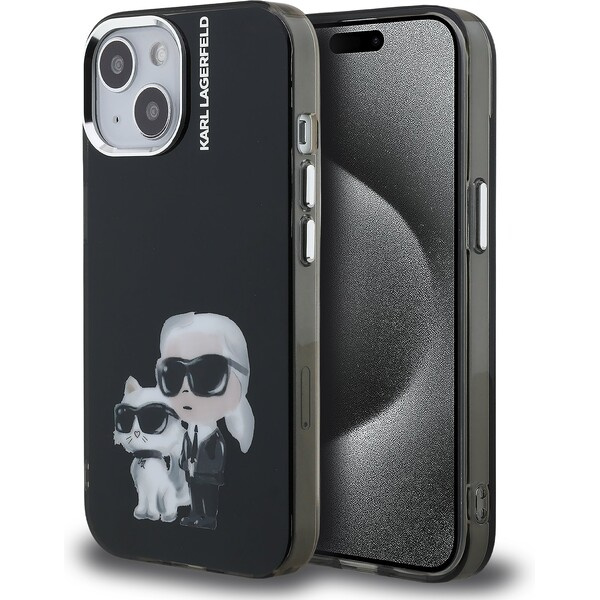 Karl Lagerfeld IML Aquarelle Karl and Choupette kryt iPhone 15 černý