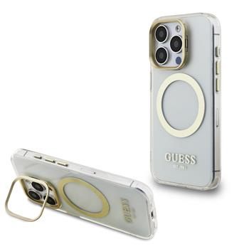 Guess IML Gold Outline Stand Camera Frame MagSafe kryt iPhone 15 Pro čirý