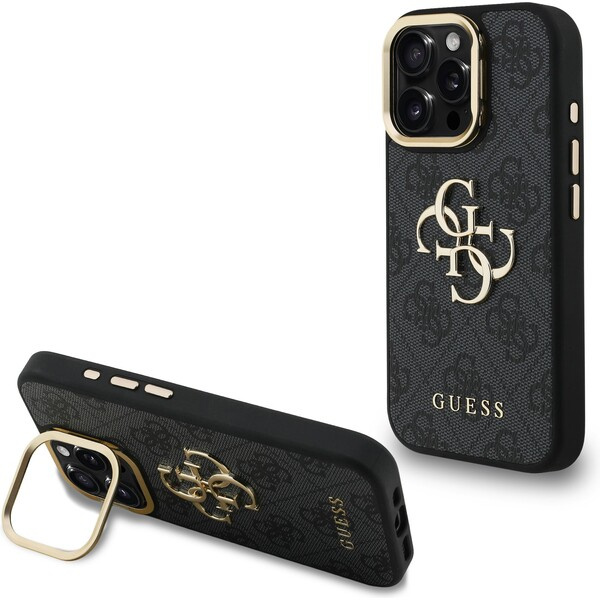 Guess PU 4G Metal Logo Stand Camera Frame kryt iPhone 15 Pro Max černý