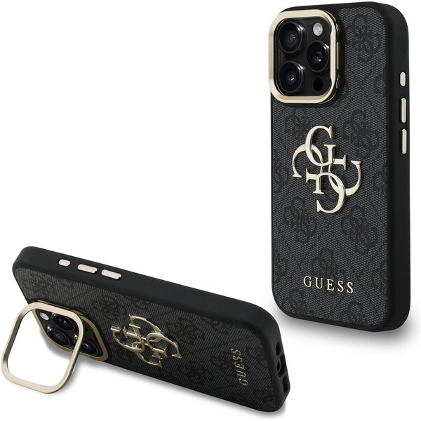 Guess PU 4G Metal Logo Stand Camera Frame kryt iPhone 16 Pro Max černý