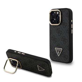Guess PU 4G Strass Triangle Logo Stand Camera Frame MagSafe kryt iPhone 16 Pro černý