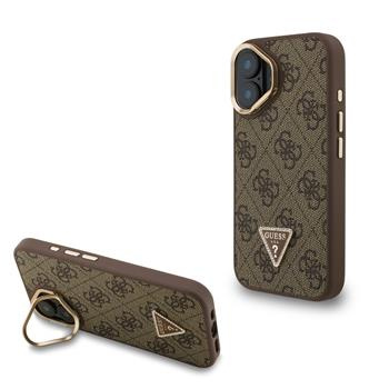 Guess PU 4G Strass Triangle Logo Stand Camera Frame MagSafe kryt iPhone 16 hnědý