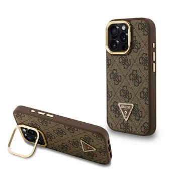 Guess PU 4G Strass Triangle Logo Stand Camera Frame MagSafe kryt iPhone 16 Pro hnědý