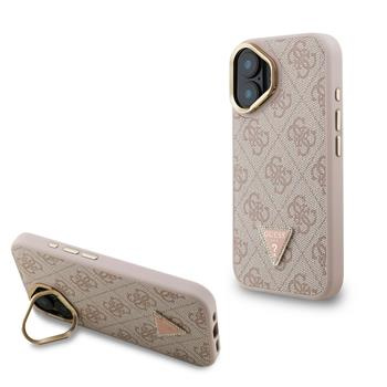 Guess PU 4G Strass Triangle Logo Stand Camera Frame MagSafe kryt iPhone 16 růžový