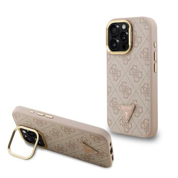 Guess PU 4G Strass Triangle Logo Stand Camera Frame MagSafe kryt iPhone 16 Pro růžový