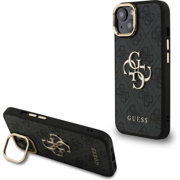 Guess PU 4G Metal Logo Stand Camera Frame kryt iPhone 13 černý
