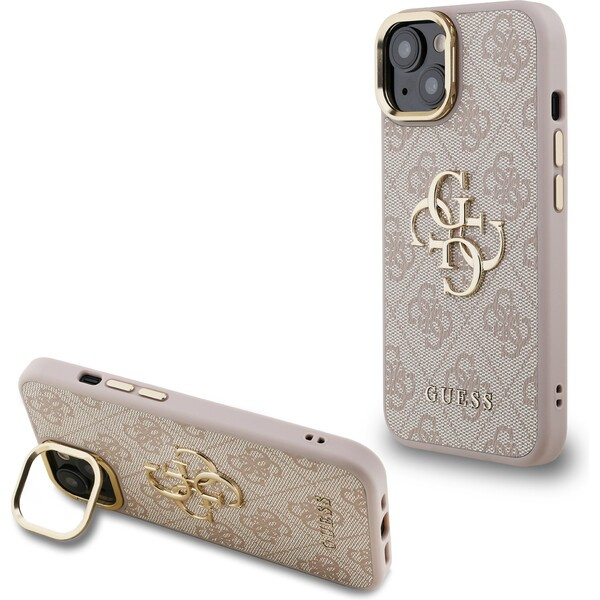Guess PU 4G Metal Logo Stand Camera Frame kryt iPhone 13 růžový
