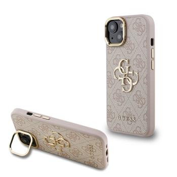 Guess PU 4G Metal Logo Stand Camera Frame kryt iPhone 15 růžový