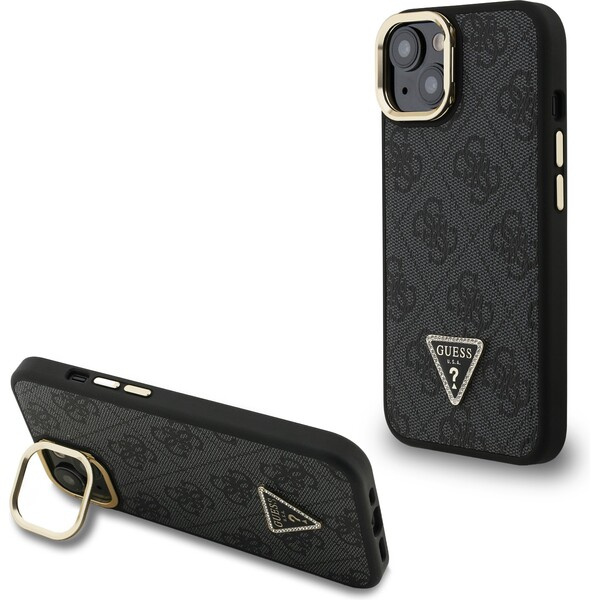 Guess PU 4G Strass Triangle Logo Stand Camera Frame MagSafe kryt iPhone 15 černý