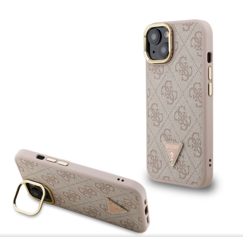 Guess PU 4G Strass Triangle Logo Stand Camera Frame MagSafe kryt iPhone 13 růžový
