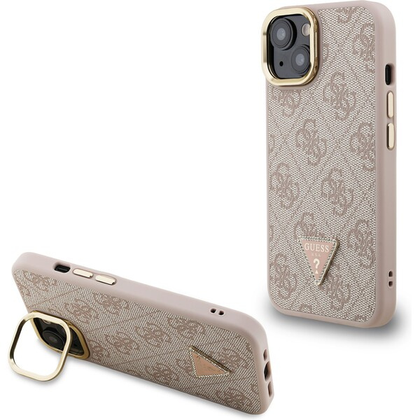 Guess PU 4G Strass Triangle Logo Stand Camera Frame MagSafe kryt iPhone 13 růžový