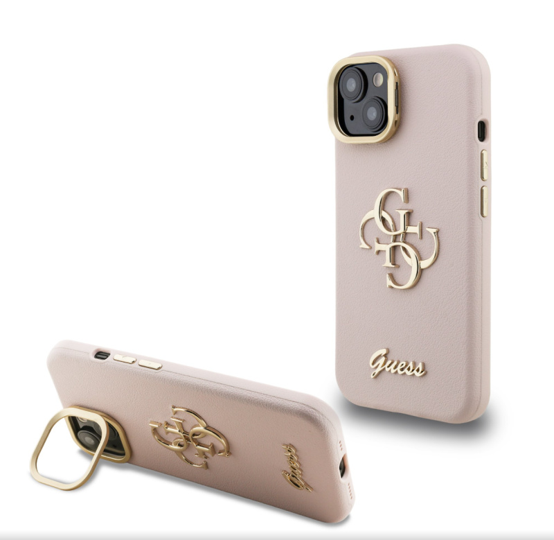 Guess PU Grained 4G Logo Stand Camera Frame kryt iPhone 13 růžový