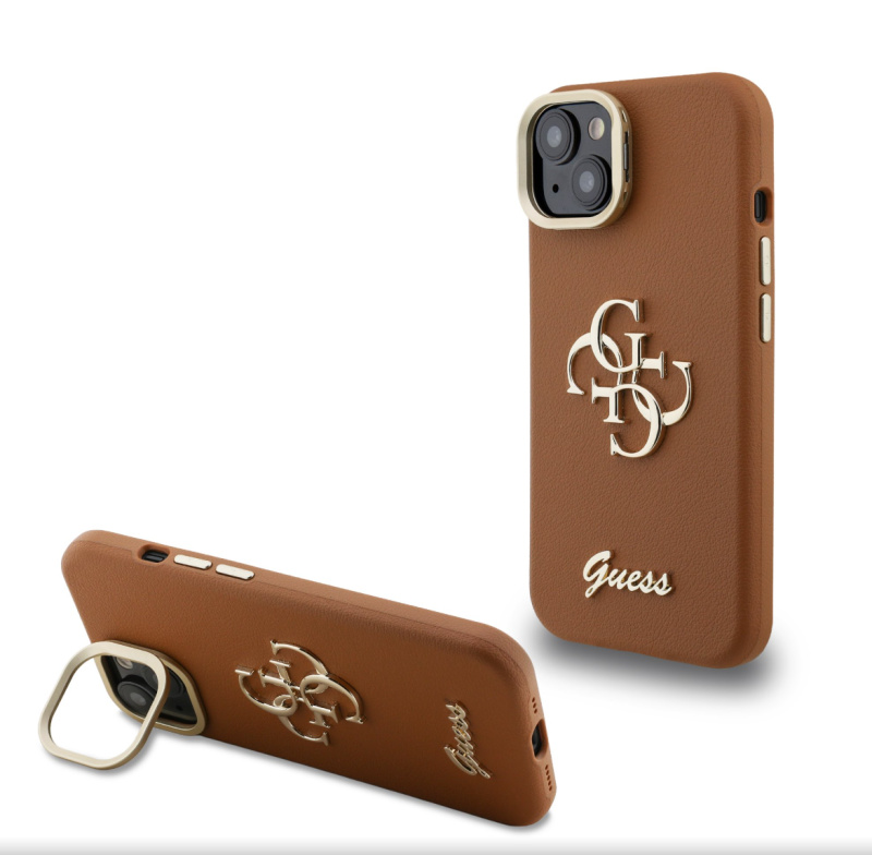 Guess PU Grained 4G Logo Stand Camera Frame kryt iPhone 13 hnědý