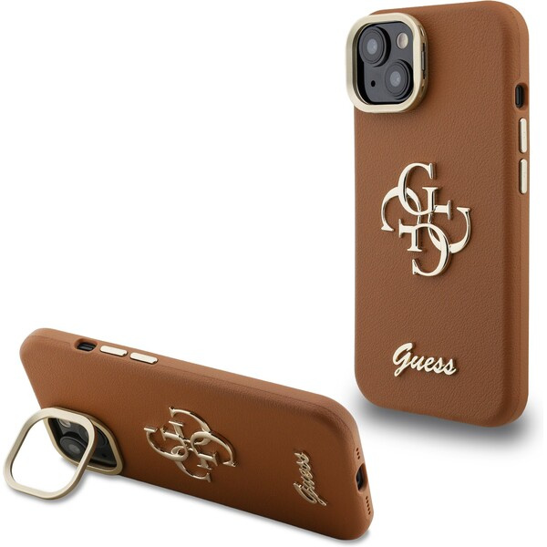 Guess PU Grained 4G Logo Stand Camera Frame kryt iPhone 15 hnědý