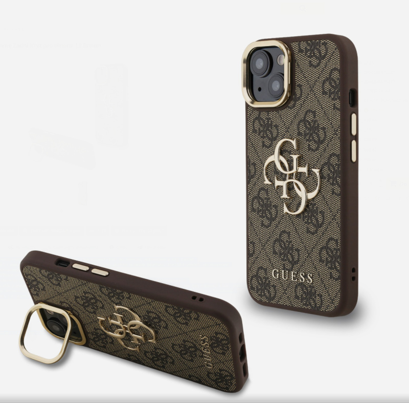 Guess PU 4G Metal Logo Stand Camera Frame kryt iPhone 13 hnědý