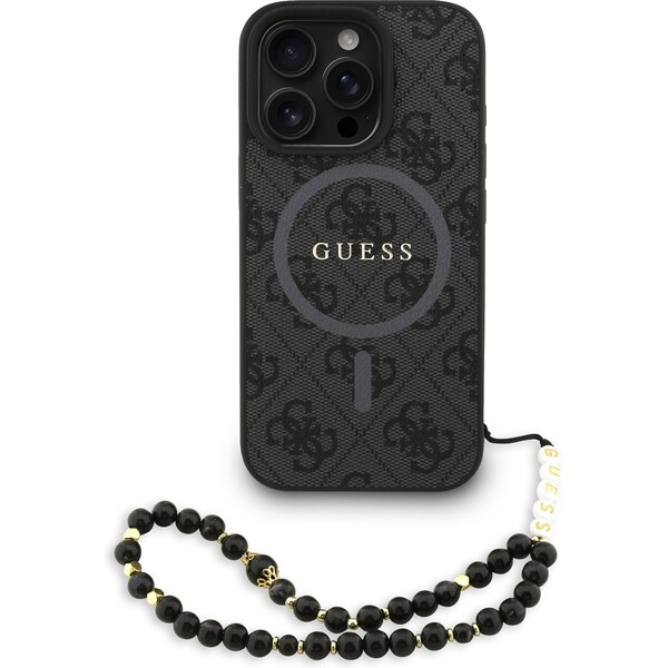 Guess PU Leather 4G Colored Ring Strap MagSafe kryt iPhone 16 Pro černý