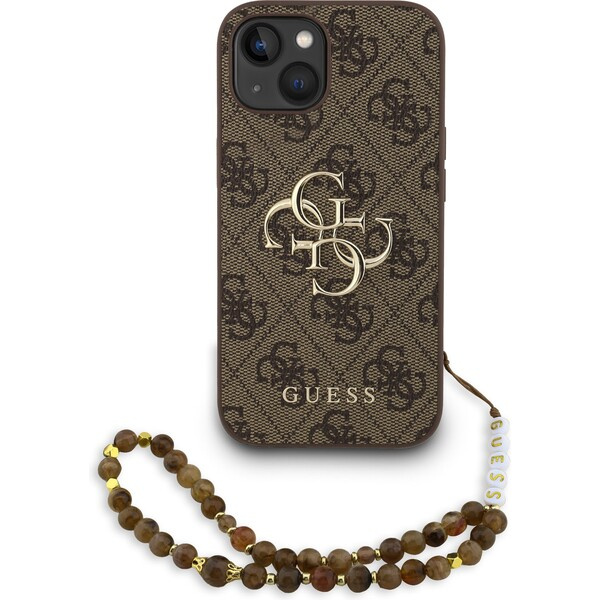 Guess PU 4G Metal Logo Strap kryt iPhone 15 hnědý