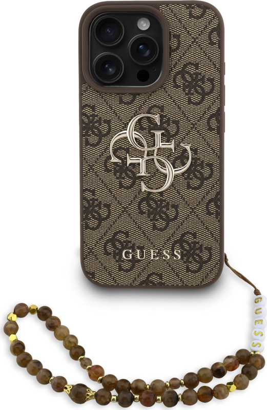 Guess PU 4G Metal Logo Strap kryt iPhone 16 Pro hnědý