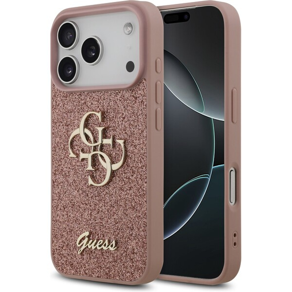 Guess PU Fixed Glitter 4G Metal Logo kryt iPhone 17 Pro růžový