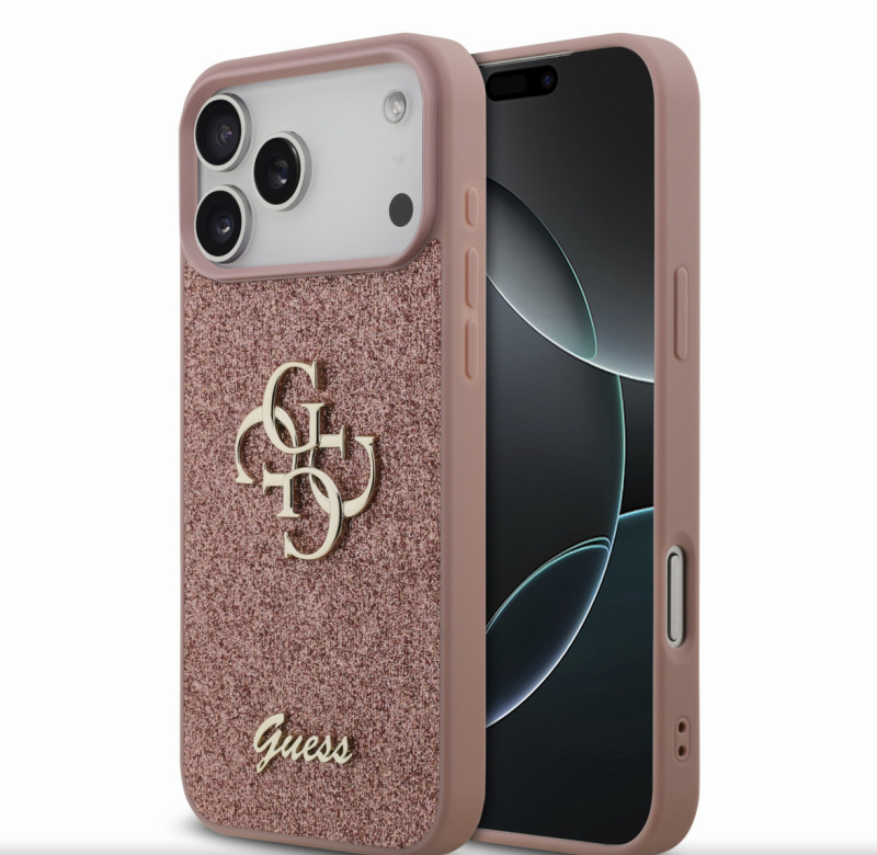 Guess PU Fixed Glitter 4G Metal Logo kryt iPhone 17 Pro Max růžový