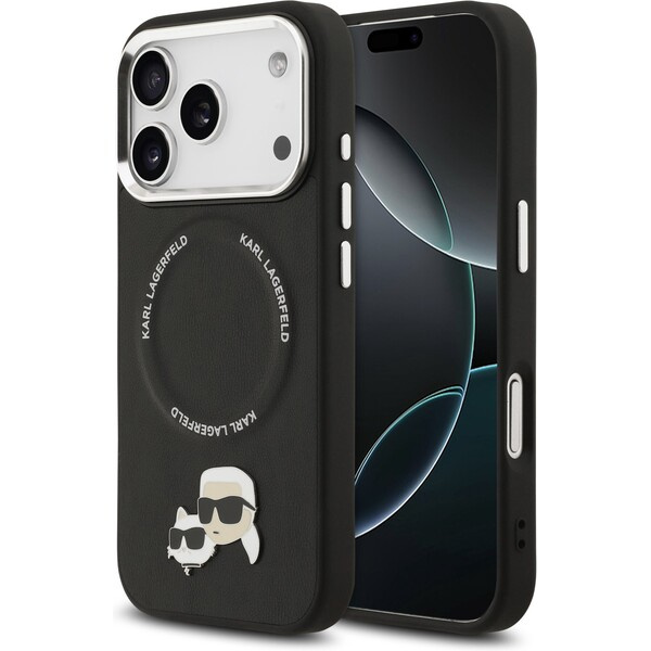 Karl Lagerfeld PU Karl and Choupette Heads Pins MagSafe kryt iPhone 17 Pro černý