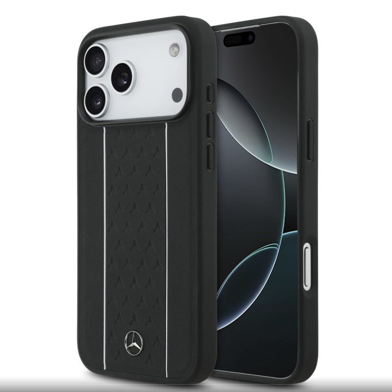 GUESS Mercedes Leather Star Pattern and Stripes MagSafe Zadní Kryt pro iPhone 17 Pro Max Black/White