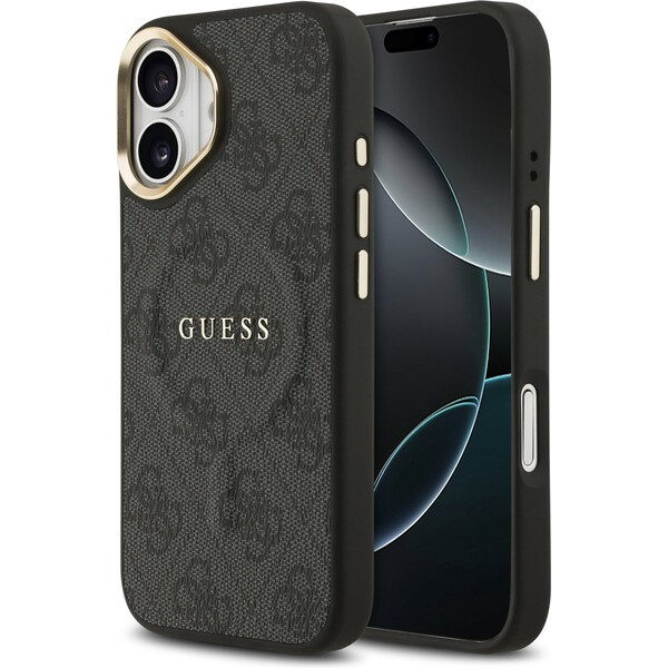 Guess PU Leather 4G Gold Frame MagSafe kryt iPhone 17 černý