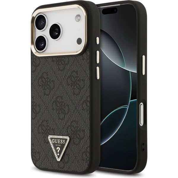 Guess PU Leather 4G Triangle Logo Gold Frame MagSafe kryt iPhone 17 Pro černý
