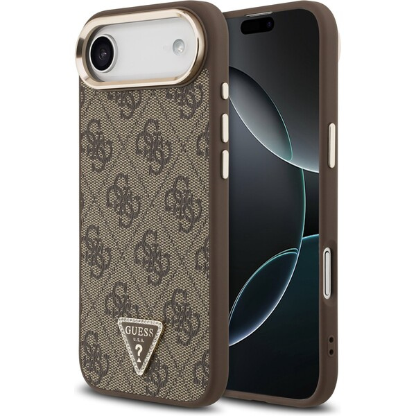 Guess PU Leather 4G Triangle Logo Gold Frame MagSafe kryt iPhone 17 Air hnědý
