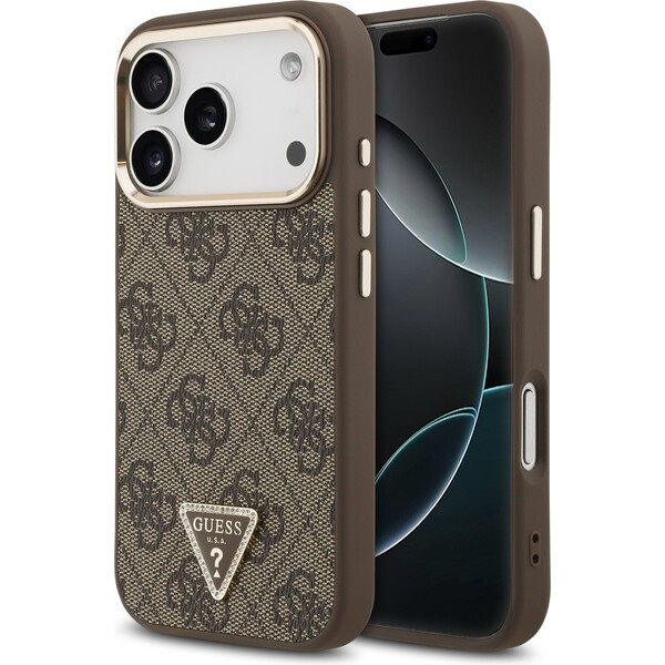 Guess PU Leather 4G Triangle Logo Gold Frame MagSafe kryt iPhone 17 Pro hnědý