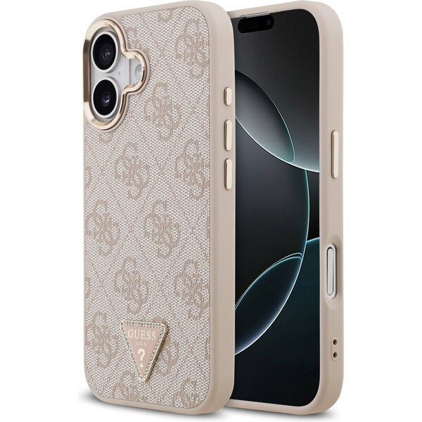 Guess PU Leather 4G Triangle Logo Gold Frame MagSafe kryt iPhone 17 růžový