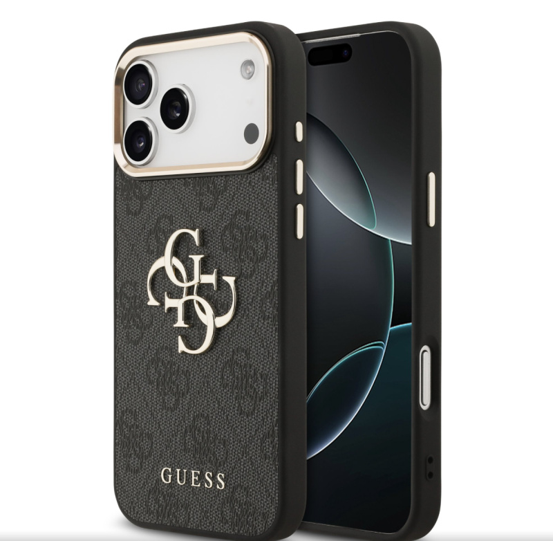 Guess PU Leather 4G Metal Logo Gold Frame MagSafe kryt iPhone 17 Pro Max černý