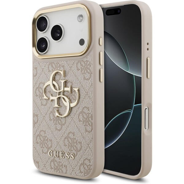 Guess PU Leather 4G Metal Logo Gold Frame kryt iPhone 17 Pro růžový