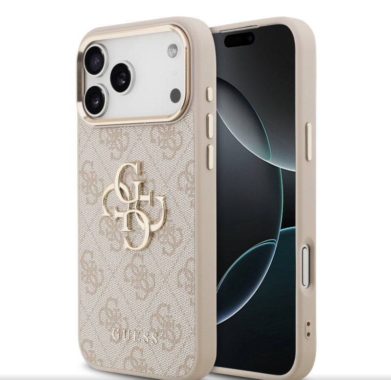 Guess PU Leather 4G Metal Logo Gold Frame MagSafe kryt iPhone 17 Pro Max růžový
