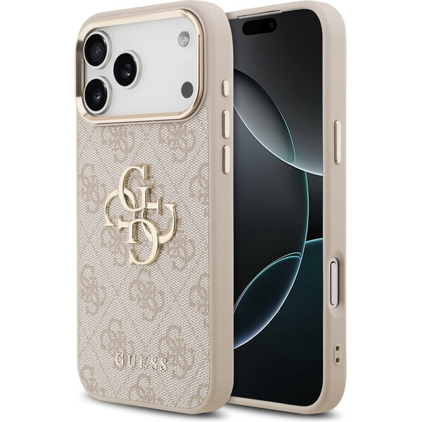 Guess PU Leather 4G Metal Logo Gold Frame MagSafe kryt iPhone 17 Pro Max růžový