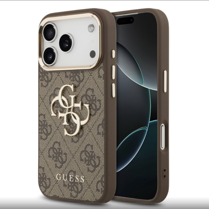Guess PU Leather 4G Metal Logo Gold Frame MagSafe kryt iPhone 17 Pro hnědý