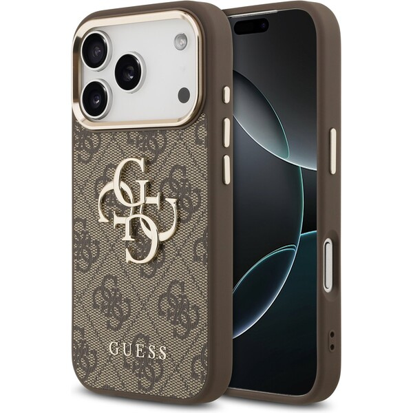 Guess PU Leather 4G Metal Logo Gold Frame MagSafe kryt iPhone 17 Pro hnědý