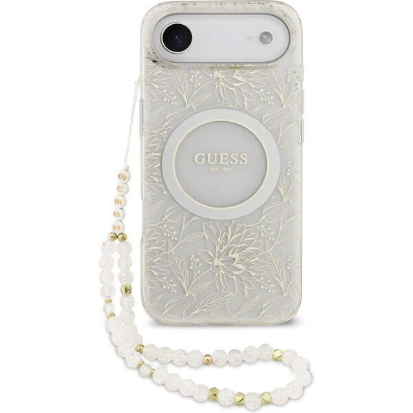 Guess IML Flowers Allover Strap MagSafe kryt iPhone 17 Air bílý