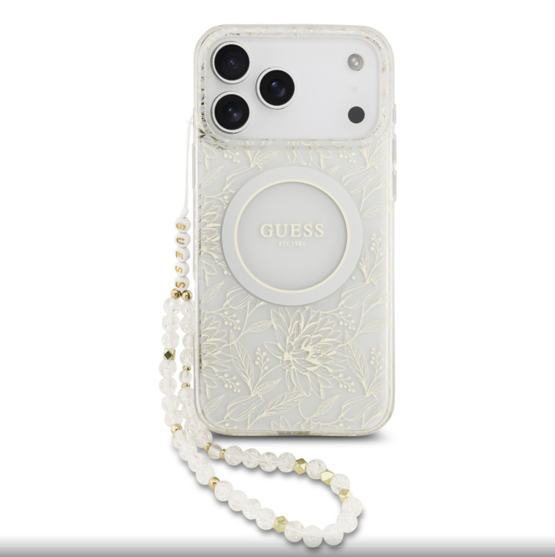 Guess IML Flowers Allover Strap MagSafe kryt iPhone 17 Pro Max bílý