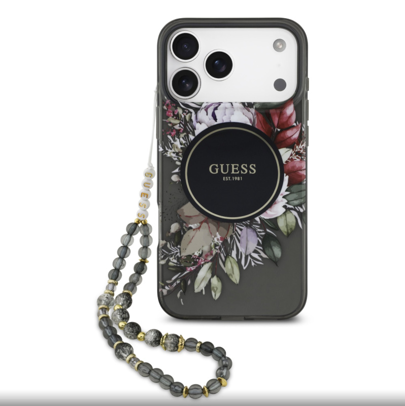 Guess IML Flowers Strap MagSafe kryt iPhone 17 Pro Max černý