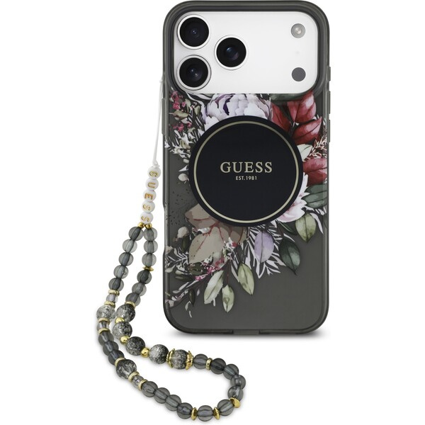 Guess IML Flowers Strap MagSafe kryt iPhone 17 Pro Max černý